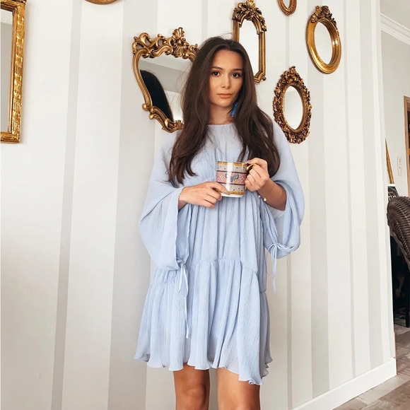 Zara Blue Pleated Long Sleeve Mini Dress - Picture 3 of 8